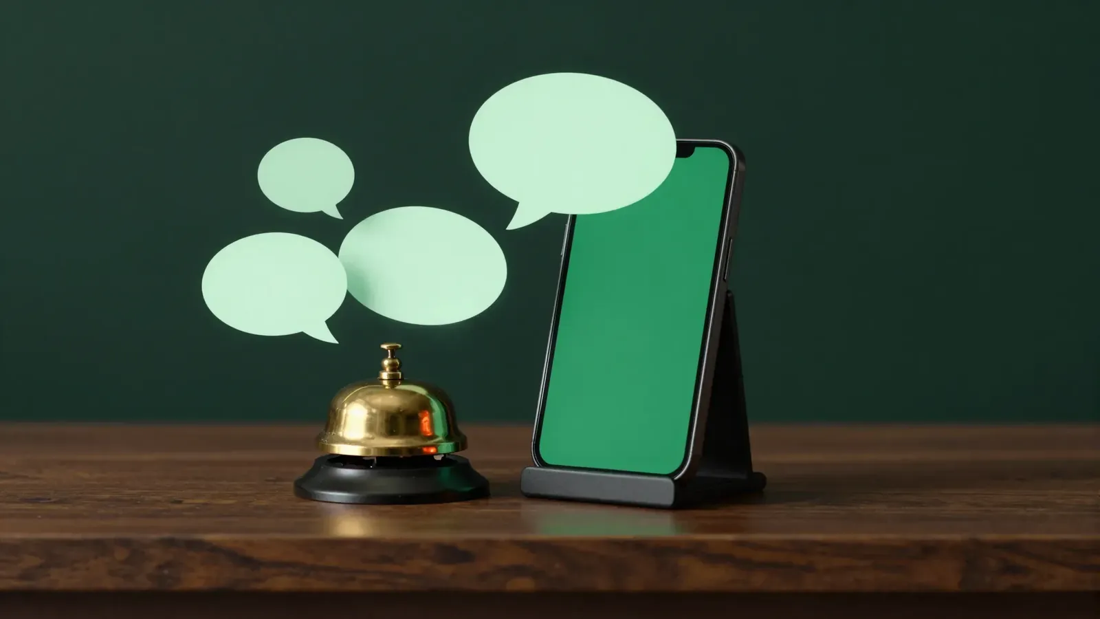 Desk bell and glowing phone stand at night, a symbol of WhatsApp auto reply messages answering customers after hours
