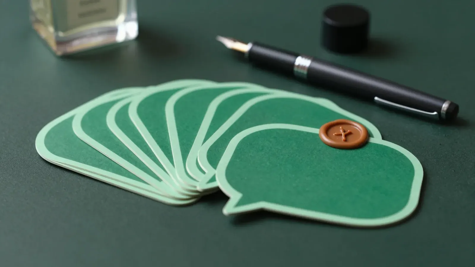 Fanned green speech-bubble cards beside a pen and perfume bottle, symbolising WhatsApp broadcast message templates