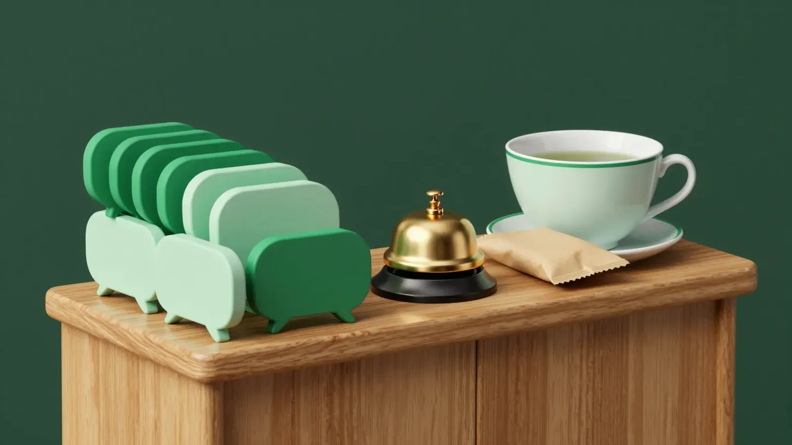 Shop counter with chat bubbles, a service bell and a parcel, a symbol of WhatsApp customer service for online shops